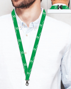 wearing a green lanyard